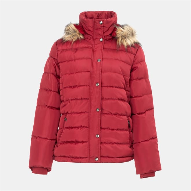 Solid Patterned Hooded Snap Button Fur Trim Ribbed Cuff Parka Jacket