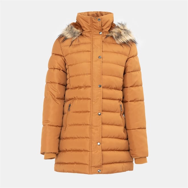 Solid Patterned Hooded Snap Button Fur Trim Ribbed Cuff Parka Jacket