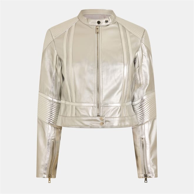 Solid Patterned Zip Neck Zipped Cuff Bike Jacket