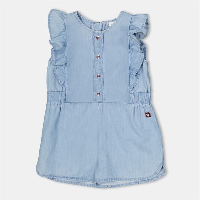 Crew Neck Sleeveless Ruffle Denim Romper
