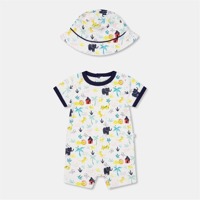 Crew Neck Short Sleeve All Over Print Romper with Bucket Hat