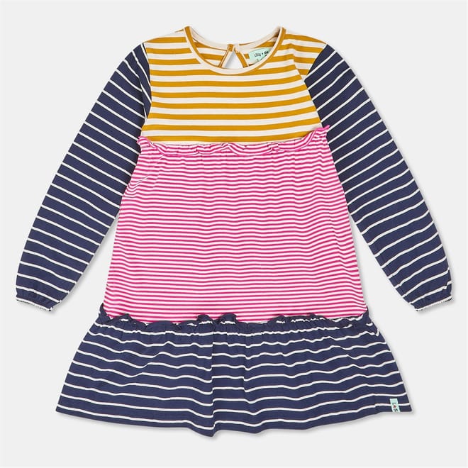 Strip Crew Neck Knee Length Tiered Dress