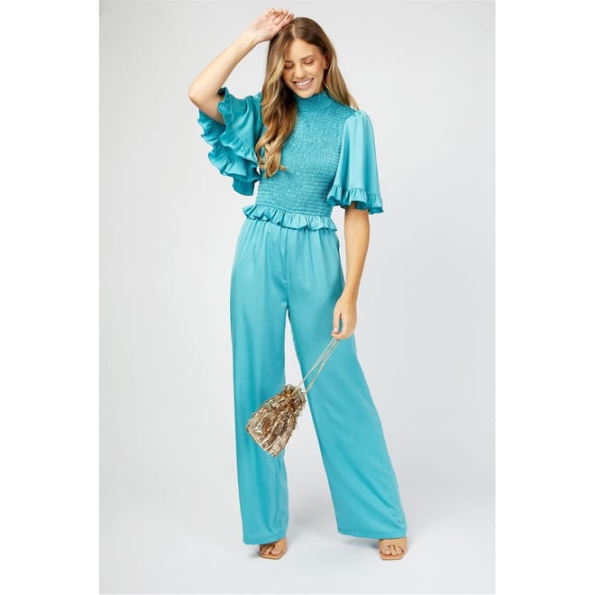 High Neck Short Sleeve Solid Patterned Jumpsuit