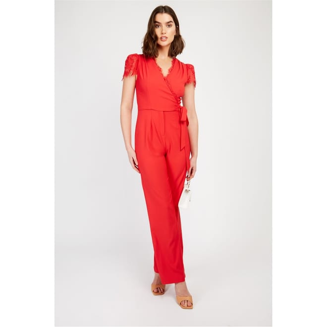 Surplice Neck Short Sleeve Solid Patterned Wrap Jumpsuit
