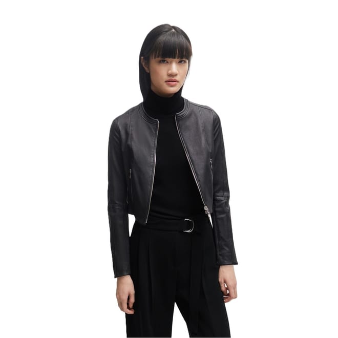 Cropped Full Zip Patterned Leather Jacket