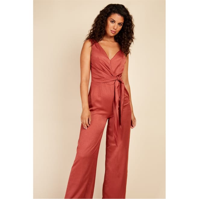 V-Neck Solid Patterned Wrap Jumpsuit