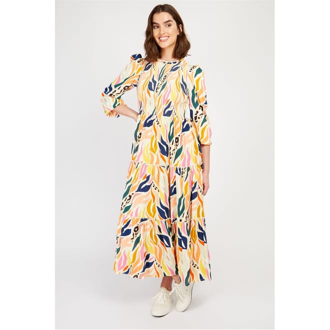 Smock Crew Neck Maxi Tiered Dress