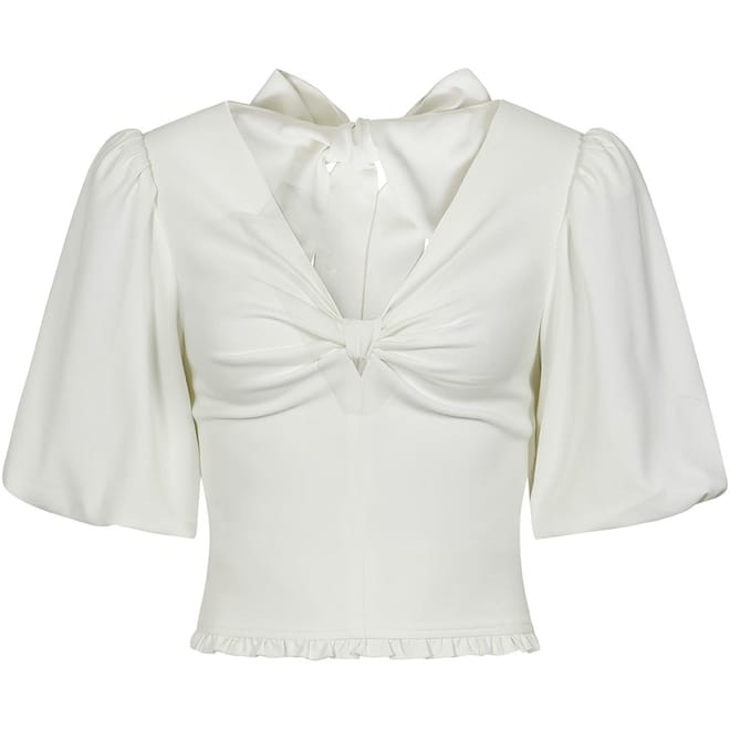 Cropped Puff Sleeve V-Neck Blouse