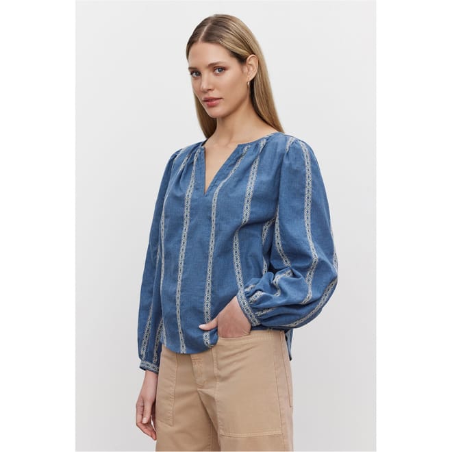 Regular Fit V-Neck Bishop Sleeve Blouse