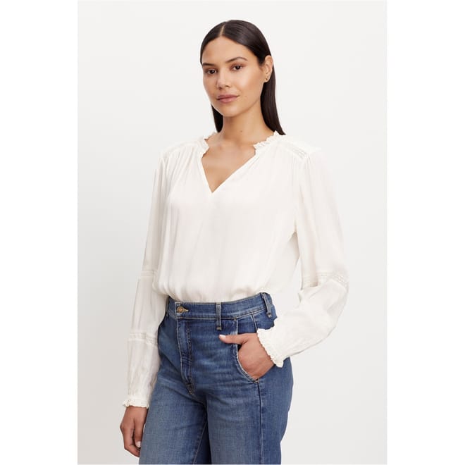 Lace Detail V-Neck Bishop Sleeve Blouse