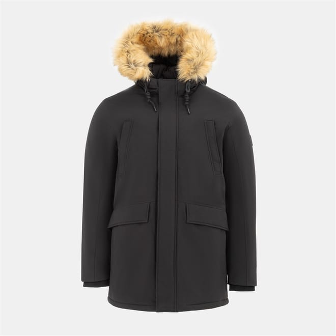 Hooded Ribbed Cuff Fur Trim Solid Patterned Parka Coat