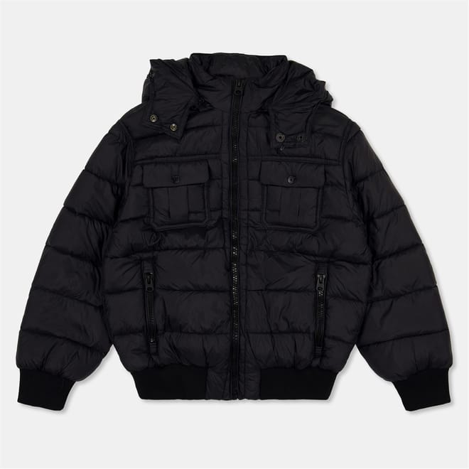 Solid Patterned Hooded Neck Ribbed Cuff Puffer Jacket