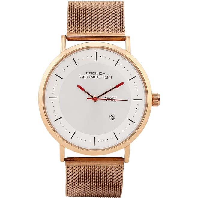 Connection Ikon Silver Round Analog Watch With Rose Gold Strap For Men