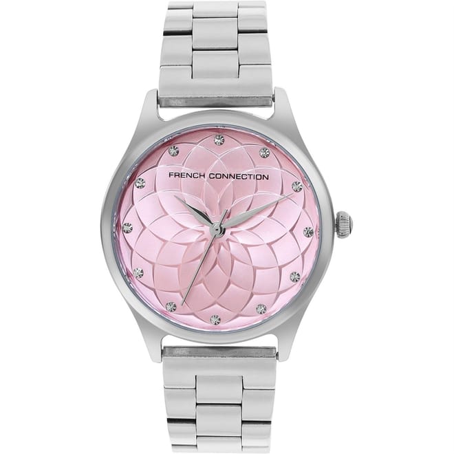 Womens Connection Cleo Pink Round Analog Watch With Steel Metal Strap For