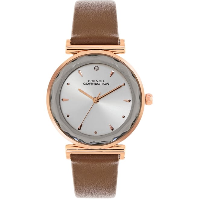 Womens Connection Cary Silver Round Analog Watch With Brown Leather Strap For