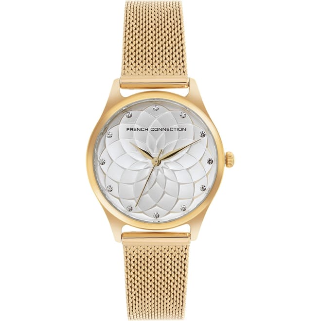 Womens Connection Cleo White Round Analog Watch With Gold Mesh Strap For