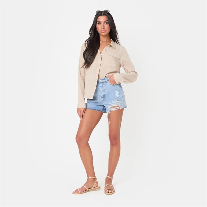 Denim Bermuda Shorts with Frayed Hem