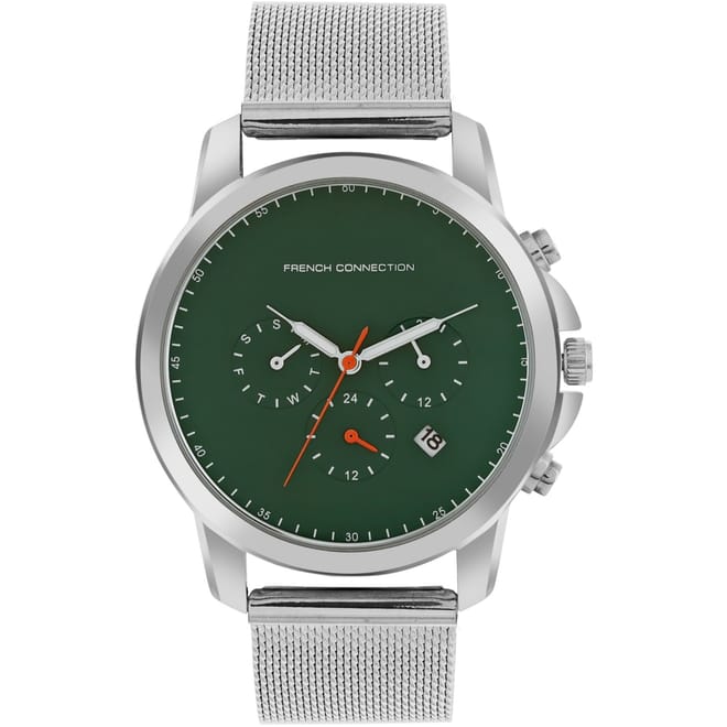 Connection Czar Green Round Analog Watch With Silver Strap For Men