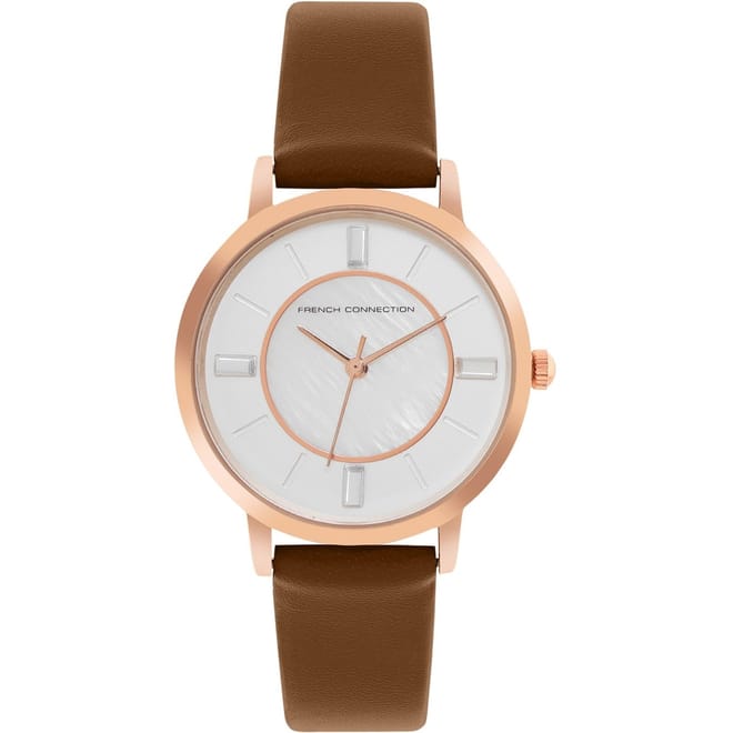 Womens Connection Ephiphany Mop White Round Analog Watch With Brown Strap For