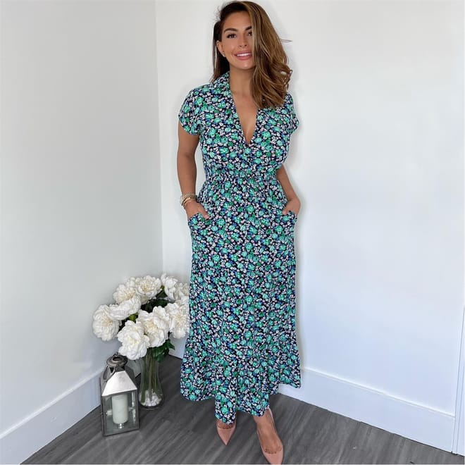 Floral Print Short Sleeved V Neck Midi Smock Dress