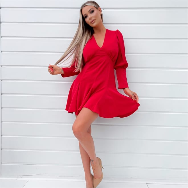 V Neck Long Sleeve Skater Dress