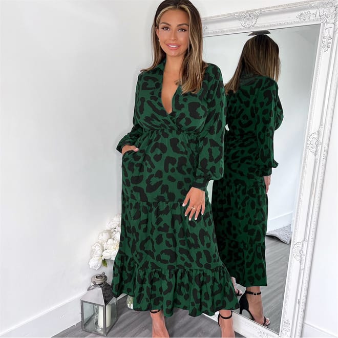 Leopard Print Long Sleeve Smock Midi Dress