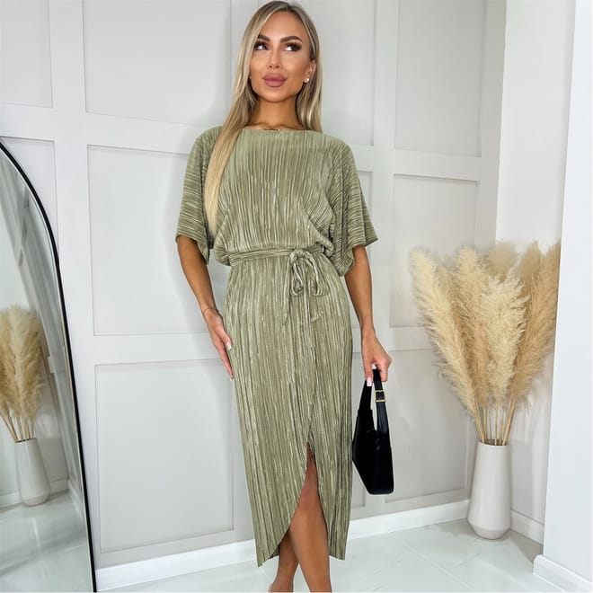 Sleeve Tie Waist Plisse Midi Dress
