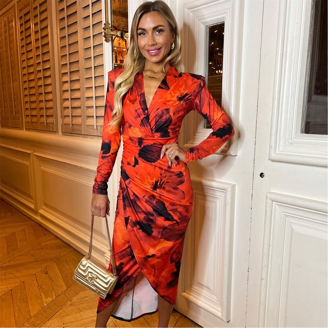 Printed Long Sleeve Wrap Midi Dress