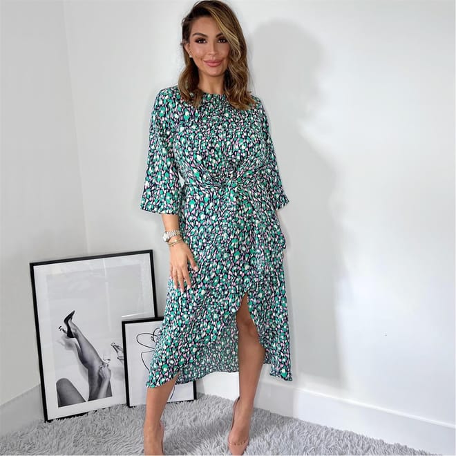 Green And Pink Printed Wrap Tie Front Midi Dress