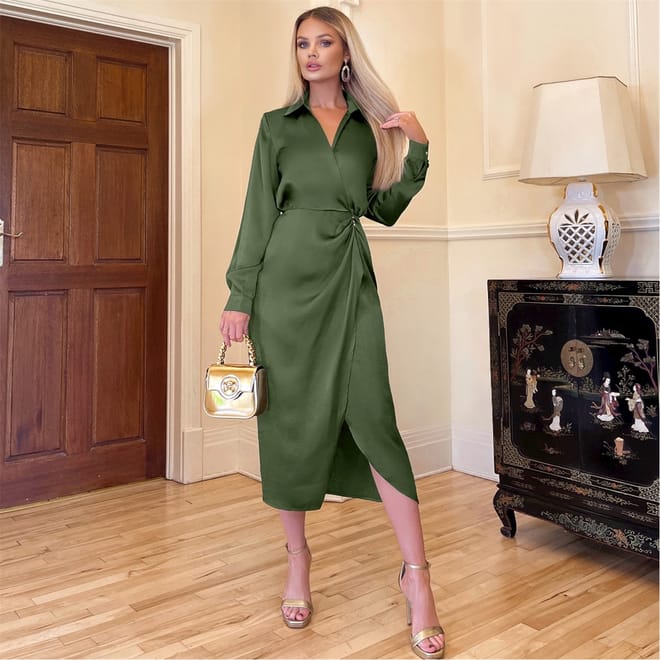 Wrap Satin Shirt Midi Dress
