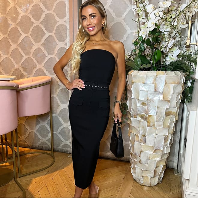 Cotton Strapless Belted Bodycon Midi Dress