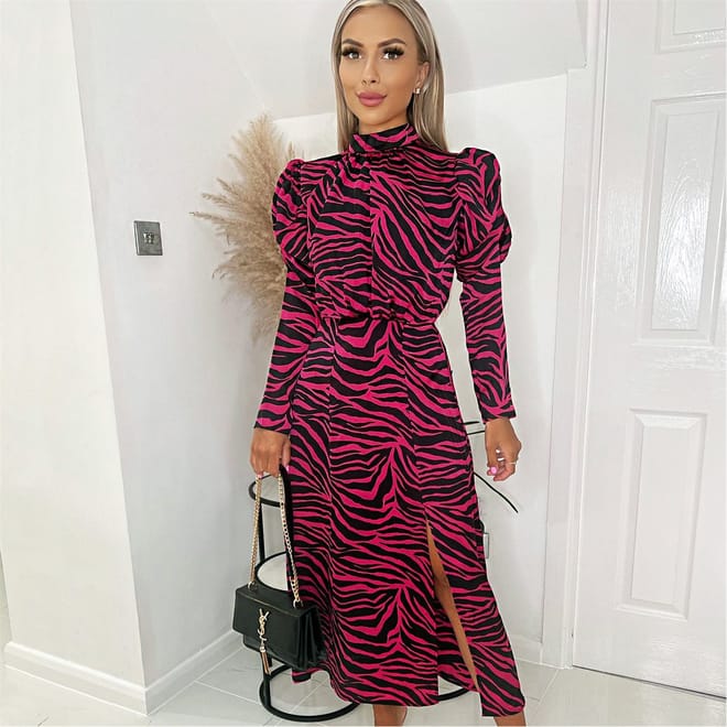 Zebra Print Long Puff Sleeve Midi Dress