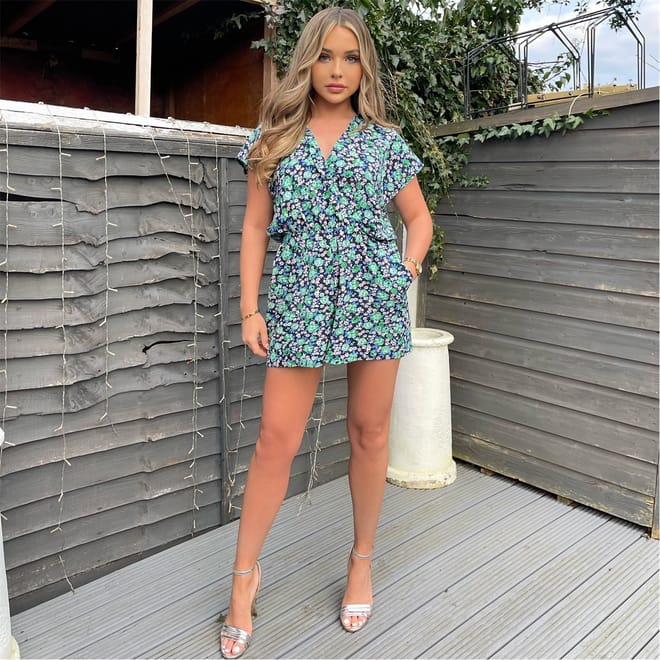And Green Floral Printed Playsuit