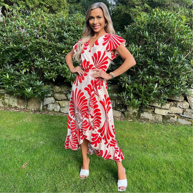 Print Wrap Over High Low Frill Hem Midi Dress