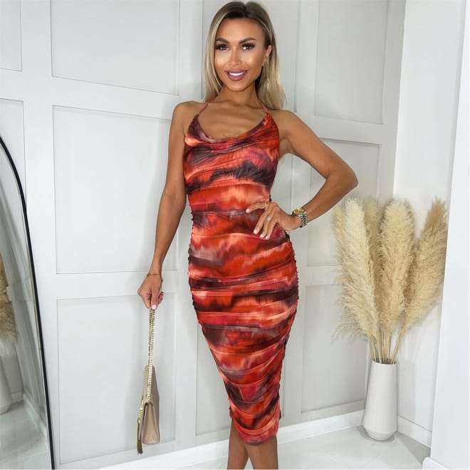Printed Mesh Cowl Neck Bodycon Midi Dress