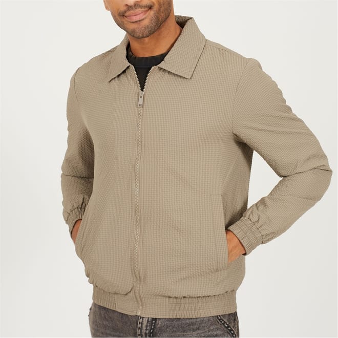Mens Seersucker Harrington Shacket In Taupe