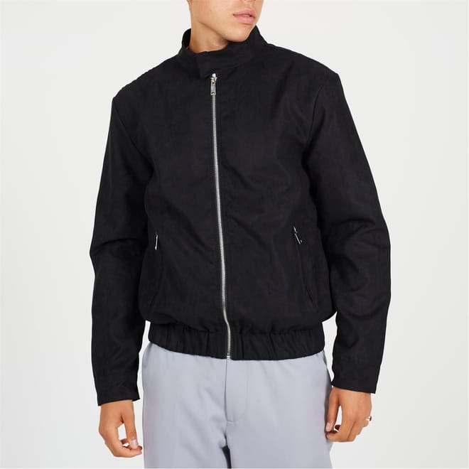 Black Faux Suede Funnel Neck Bomber