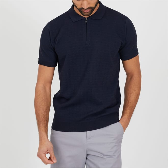 Navy Knitted Polo With Zip Neck