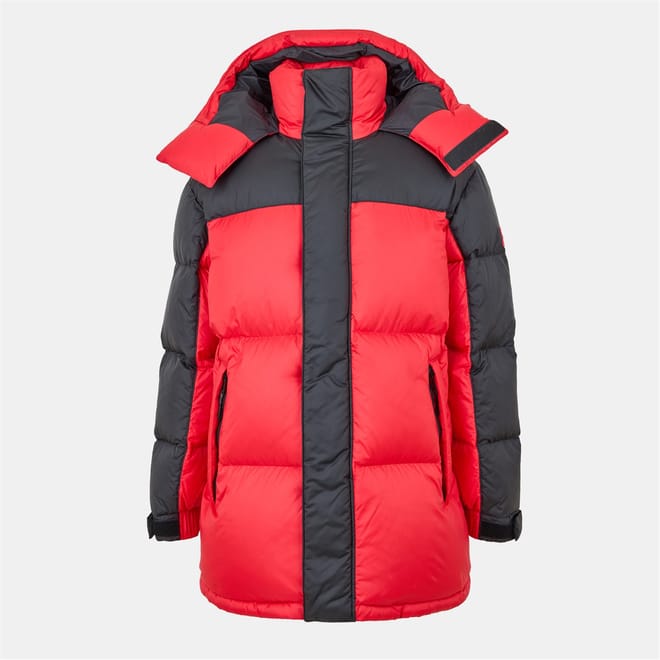 Hooded Neck Color Block Patterned Puffer Jacket with Zipped Pocket