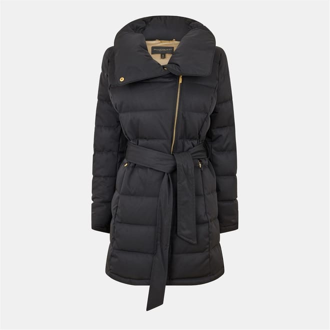 Belted Solid Patterned Puffer Jacket