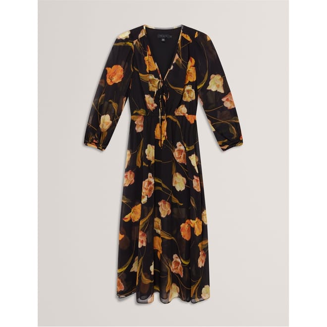 Plain V-Neck Long Sleeve Midi Dress