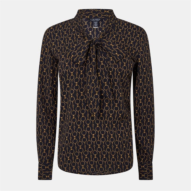 Tie Neck Band Collar Long Sleeve Blouse