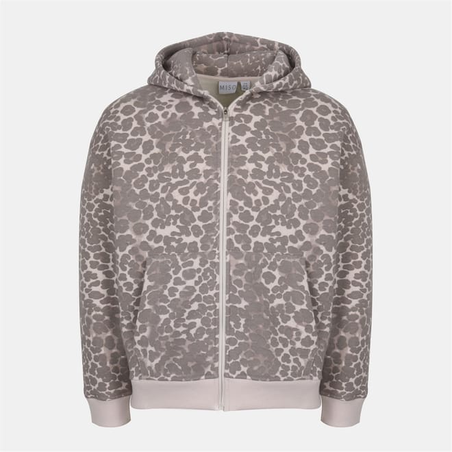 Leopard Patterned Hooded Full Zipper Sweat Jacket