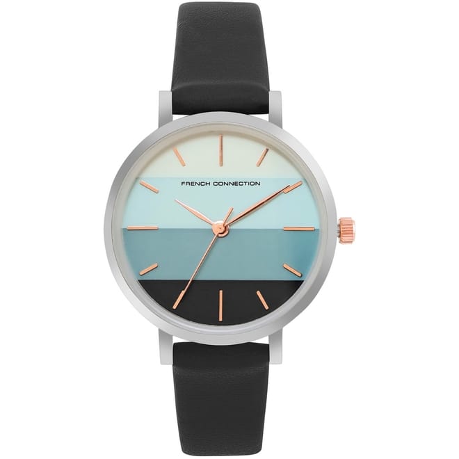 Connection Silver Case Round Shape Black Strap Quartz Watch
