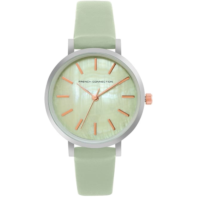 Connection Silver Case Round Shape Sea Green Strap Quartz Watch