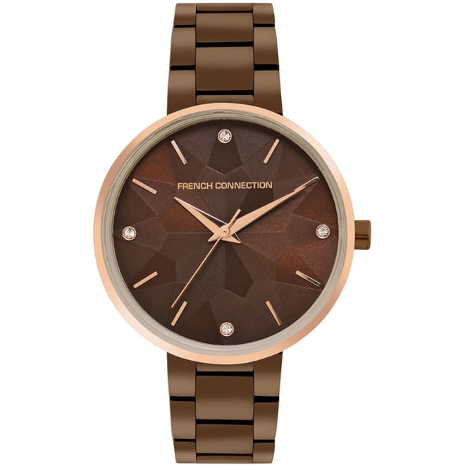 Connection Rose Case Round Shape Brown Strap Quartz Watch