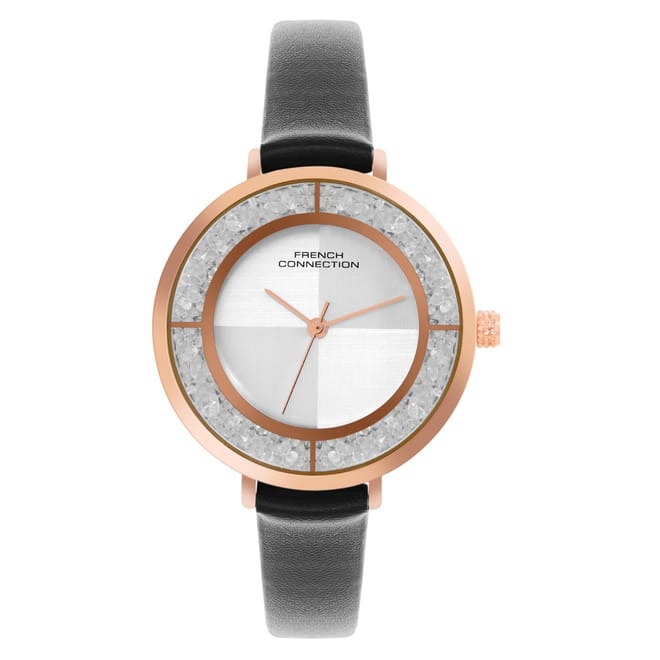 Connection Rose Case Round Shape Black Strap Quartz Watch