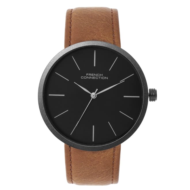 Connection Black Case Round Shape Brown Strap Quartz Watch