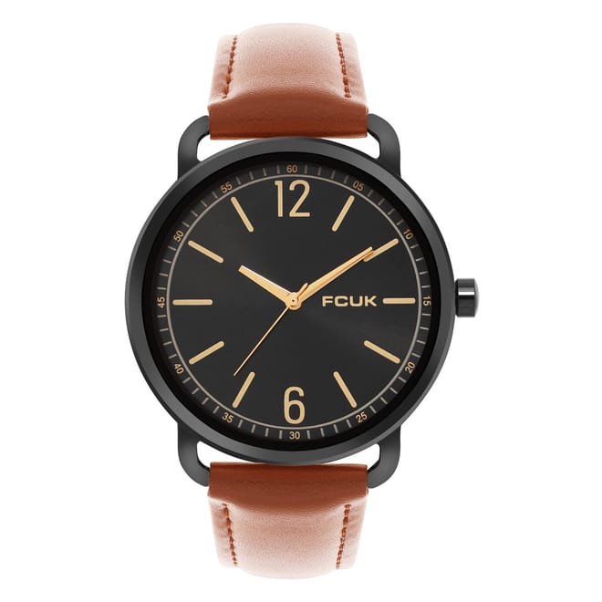 Black Case Round Shape Tan Strap Quartz Watch