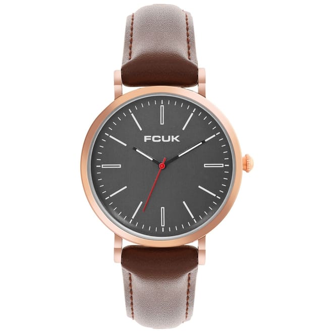 Rose Case Round Shape Brown Strap Quartz Watch
